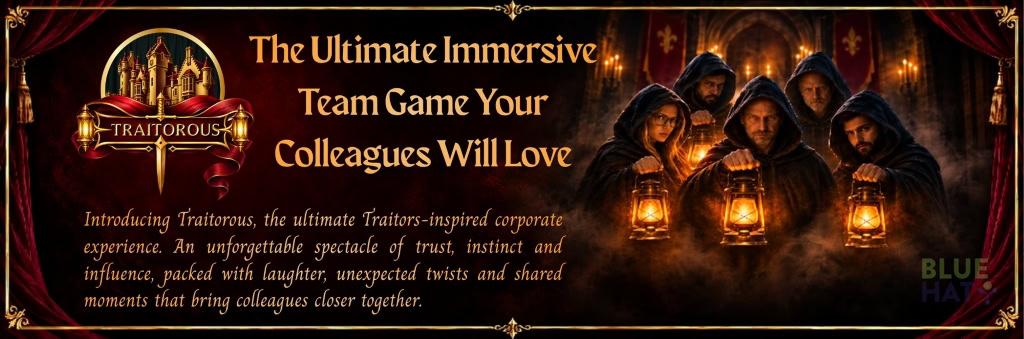 Hooded figures holding lanterns in a dark, mysterious setting with text 'The Ultimate Immersive Team Game Your Colleagues Will Love' and a 'Trail of Doubt' logo.